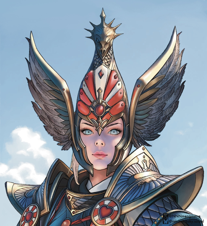 1girl, armor, blonde_hair, blue_eyes, blue_sky, feathered_wings, helmet, high_elves_(warhammer_fantasy)