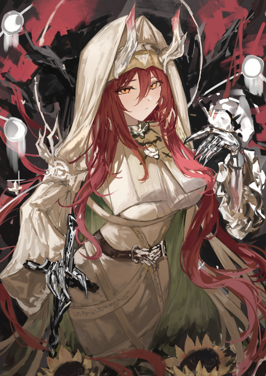 1girl, absurdres, arknights, armored_gloves, ascalon_(arknights), ascalon_(phototaxis)_(arknights), belt, black_belt, breasts, cape, capelet, cowboy_shot, demon_girl, demon_horns, dress, flower, frilled_sleeves, frills, green_cape, hair_between_eyes, hand_up, highres, holding, holding_sword, holding_weapon, hood, hooded_cape, horns, laoshi_wo_hao_e, large_breasts, long_hair, long_sidelocks, long_sleeves, looking_at_viewer, official_alternate_costume, orange_eyes, parted_lips, red_hair, sidelocks, solo, sunflower, sword, taut_clothes, taut_dress, two-tone_cape, very_long_hair, very_long_sidelocks, weapon, white_cape, white_capelet, white_dress, white_horns, wide_sleeves