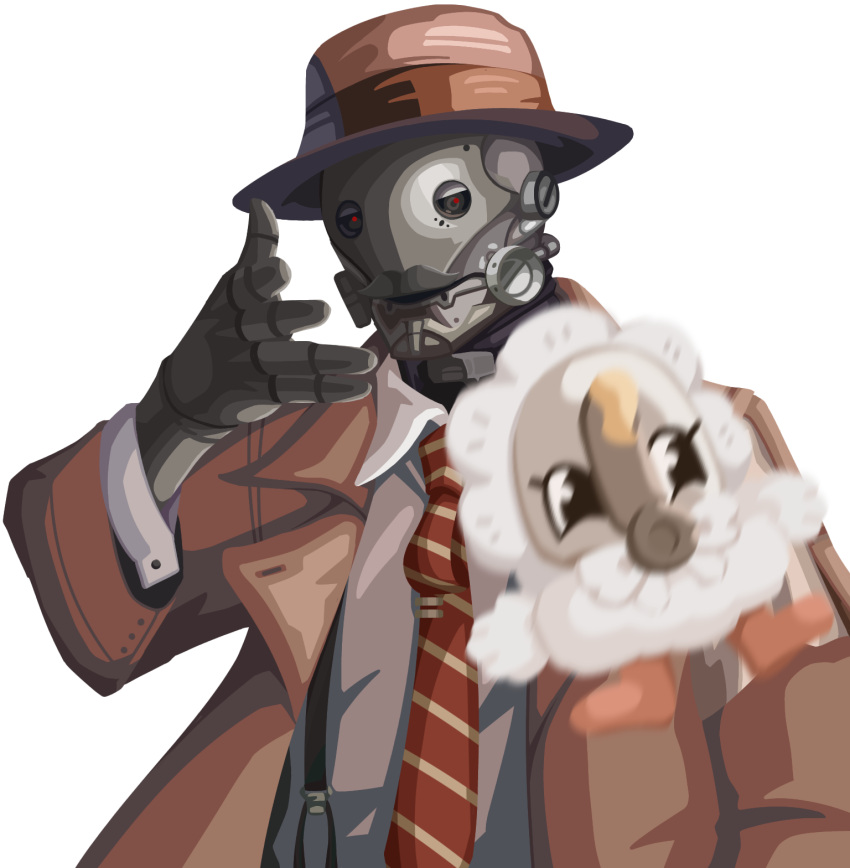 1boy, arknights, brown_hat, coat, collared_shirt, facial_hair, fedora, gribberoni