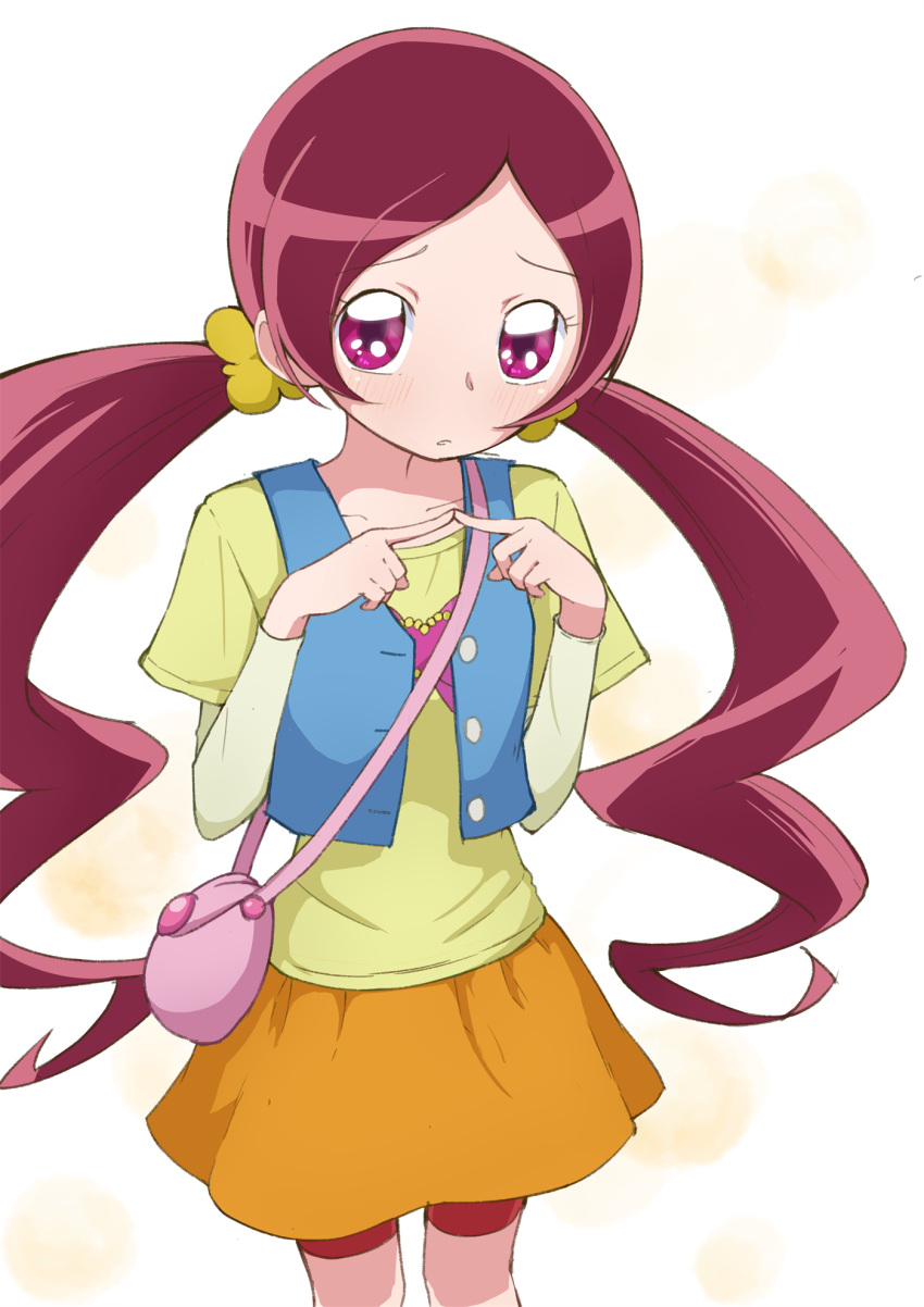 1girl, aizawa_zawapo, alternate_costume, bag, bike_shorts, bike_shorts_under_skirt, blue_vest, blush