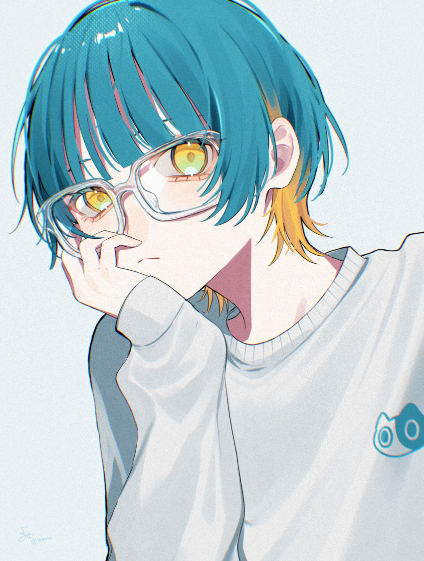 1girl, aegyo_sal, aqua_hair, blonde_hair, closed_mouth, glasses, head_rest, highres