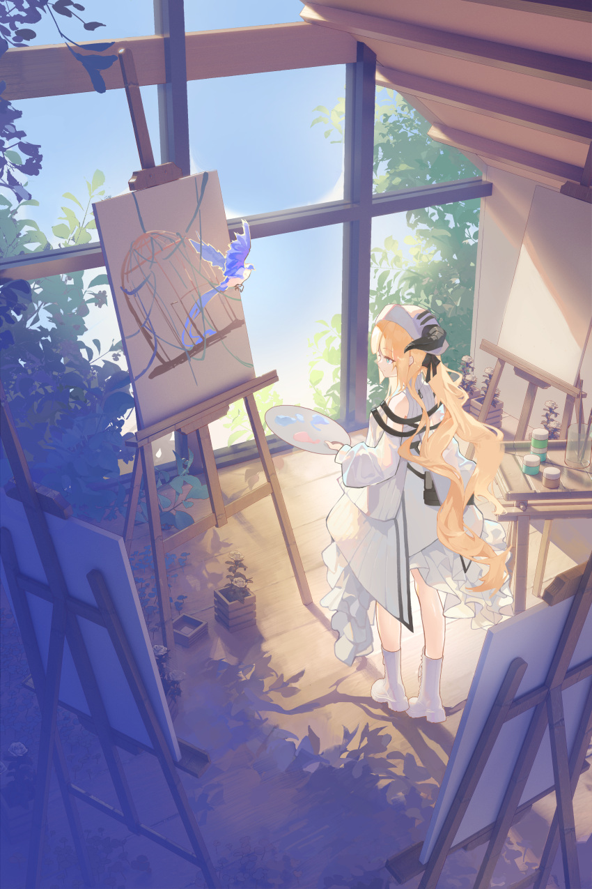 1girl, absurdres, arknights, bare_shoulders, bird, black_horns, blonde_hair, blue_eyes