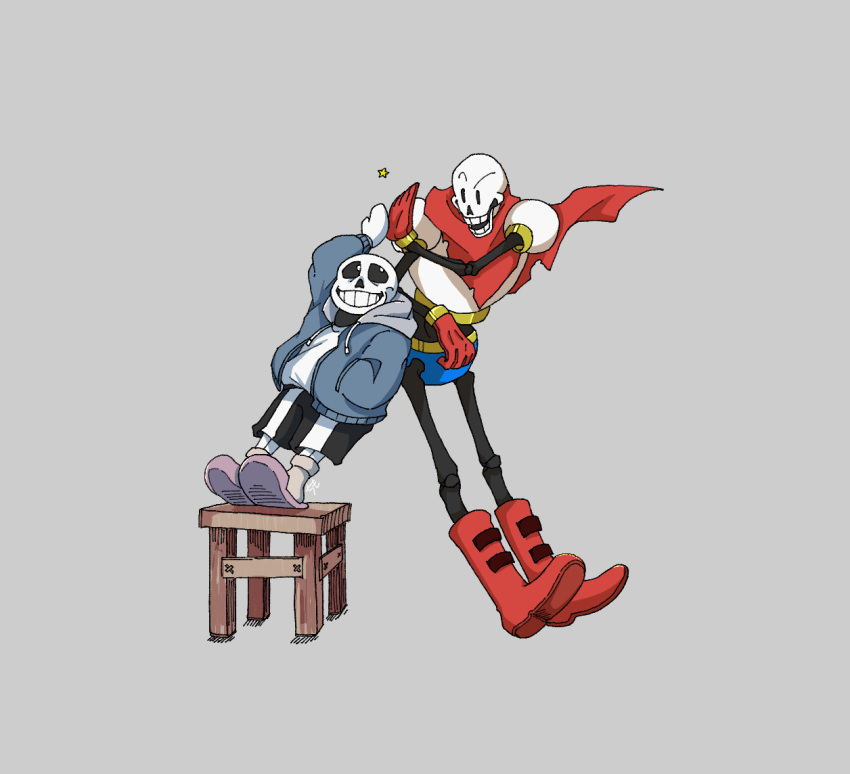 2021, 2boys, 2d, armor, artist_name, black_shorts, blue_jacket, blue_shorts, boots, brothers, cape, chimo_(utdt_game), digital_media, drawstring, duo, full_body, gloves, grey_background, grey_hood, hand_on_pocket, height_difference, high_five, hood, hood_down, hooded_jacket, humanoid, jacket, leaning_back, leaning_on_person, making-of_available, male, male_focus, male_only, monster, monster_boy, multiple_boys, on_stool, open_clothes, open_jacket, papyrus_(undertale), pink_slippers, red_boots, red_cape, red_gloves, sans_(undertale), shirt, shorts, siblings, simple_background, skeleton, slippers, socks, standing, star_(symbol), stool, striped_clothes, striped_shorts, teeth, undead, undertale, utdr_(toby_fox), white_armor, white_shirt, white_socks, white_stripes