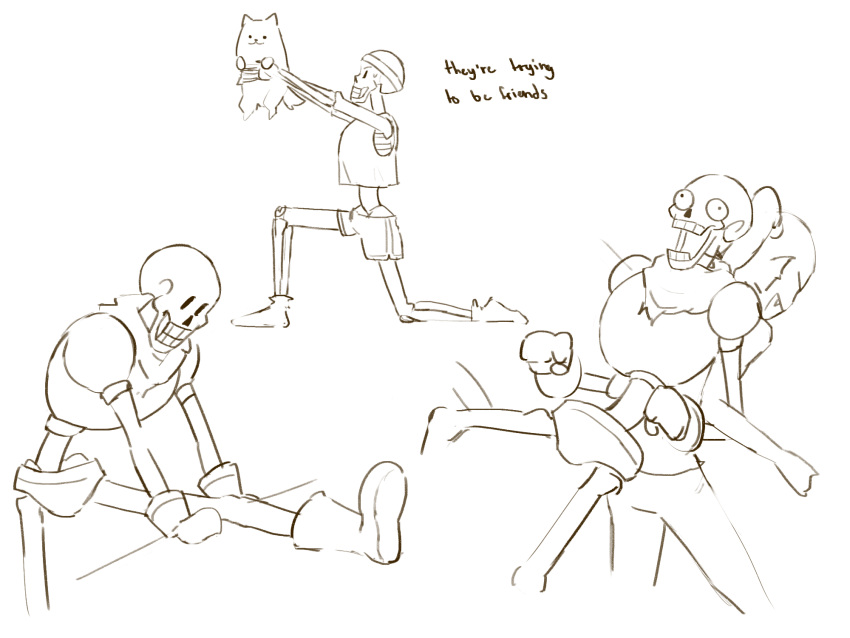 1boy, 1girl, 2023, 2d, alternate_costume, animal, annoying_dog, anthro, armor, cape, crim0137, digital_media, dog, ear_fins, english_text, fang, female, fins, fish, fish_girl, gloves, head_fins, headband, high_ponytail, highres, holding, holding_animal, holding_dog, humanoid, kneeling, long_hair, male, male_focus, meme, monochrome, monster, monster_boy, monster_girl, multiple_views, on_one_knee, papyrus_(undertale), parody, ponytail, rafiki_holding_simba_(meme), shorts, simple_background, skeleton, teeth, text, the_lion_king, trio, undead, undertale, undyne, utdr_(toby_fox), white_background