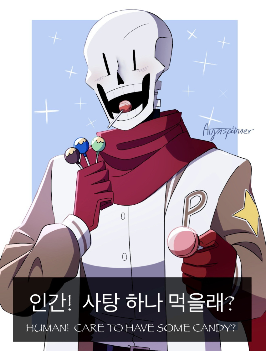 1boy, 2023, 2d, artist_name, ayinspanner, belt, blue_background, brown_sleeves