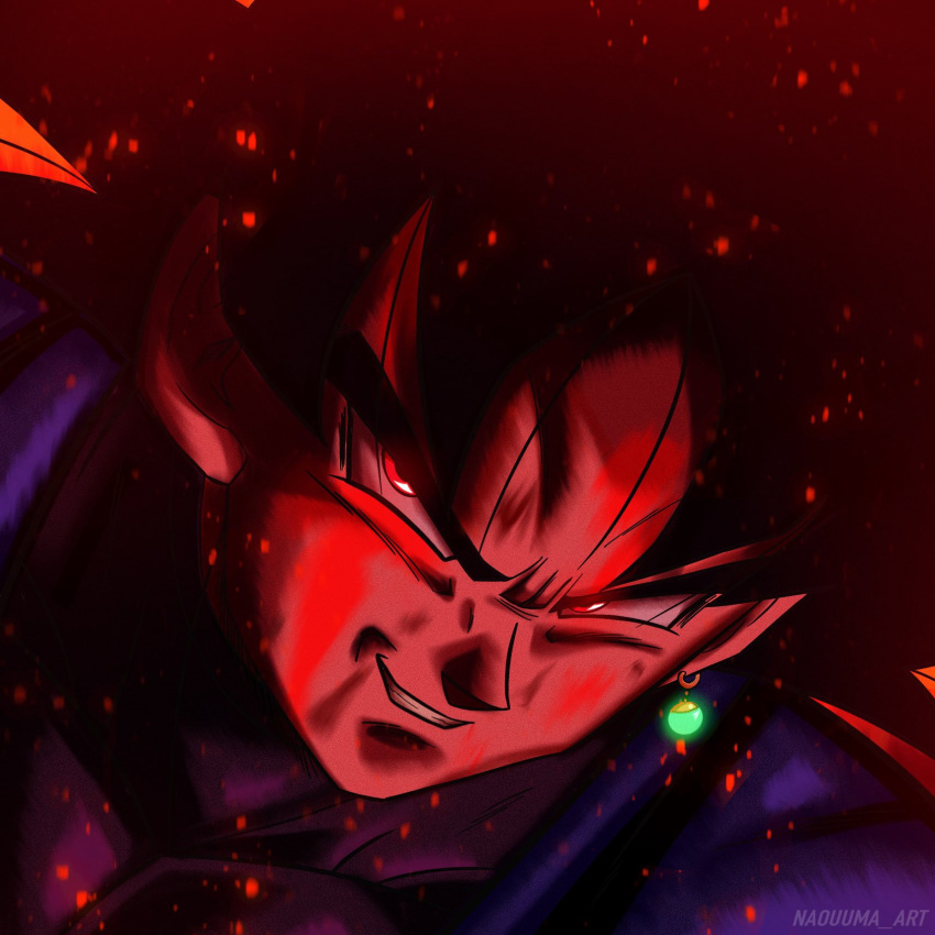 1boy, battle_damage, black_hair, close-up, dragon_ball, dragon_ball_super, earrings, fire, goku_black, highres, jewelry, male_focus, muscular, muscular_male, naouuma_art, potara_earrings, red_theme, single_earring, smirk, solo, spiky_hair