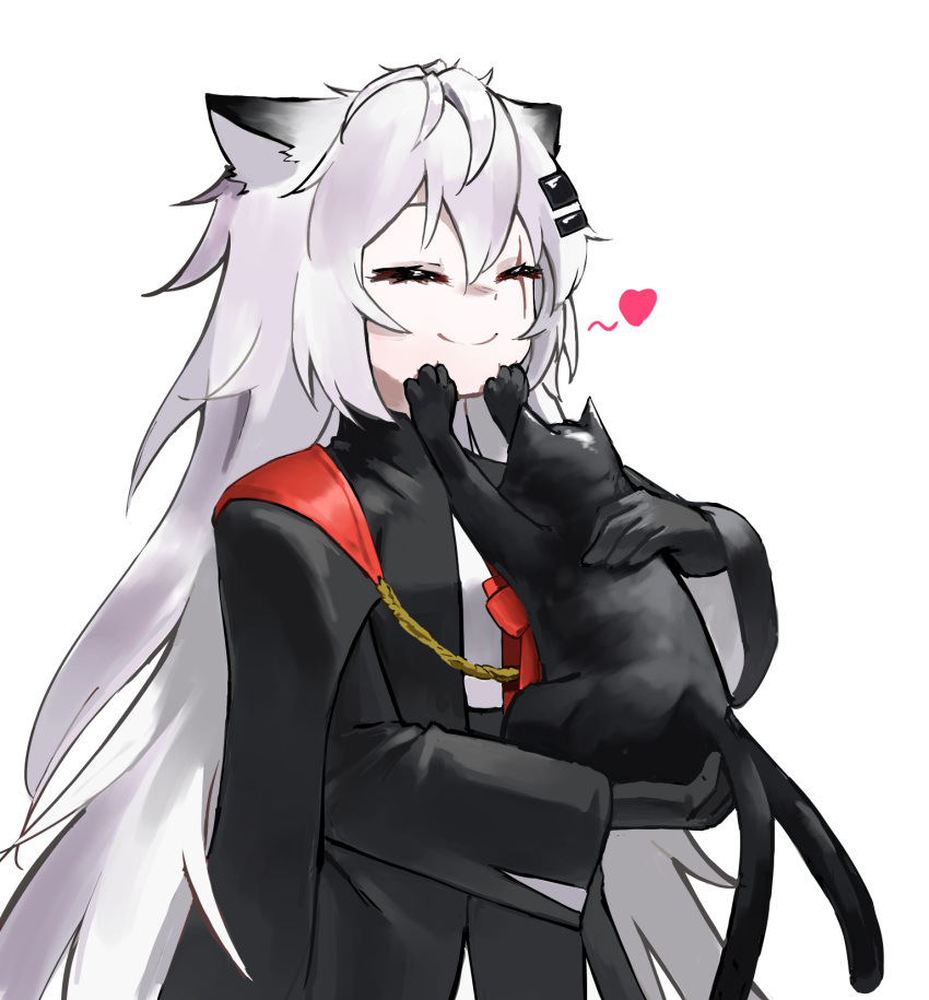 1girl, animal, animal_ears, arknights, black_cat, black_gloves, black_jacket, bow