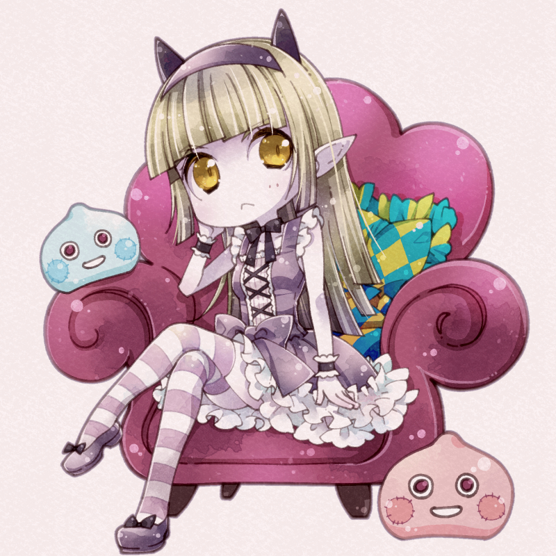 1girl, armchair, black_bow, black_bowtie, black_horns, blonde_hair, blunt_bangs, blunt_ends