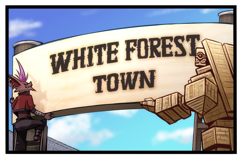 1boy, akisame_rizu, blue_sky, body_fur, brown_fur, duel_monster, english_text, goblin_biker_dugg_charger