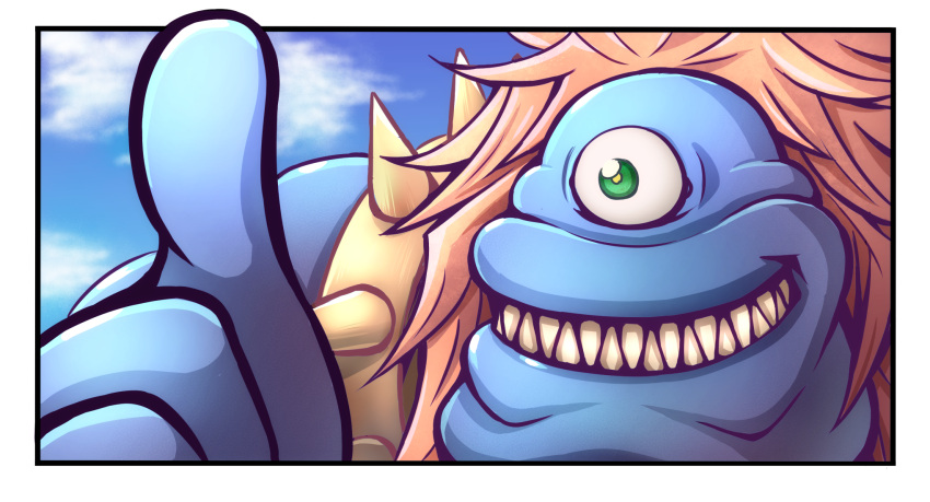 akisame_rizu, blue_skin, border, close-up, colored_skin, cyclops, duel_monster, highres