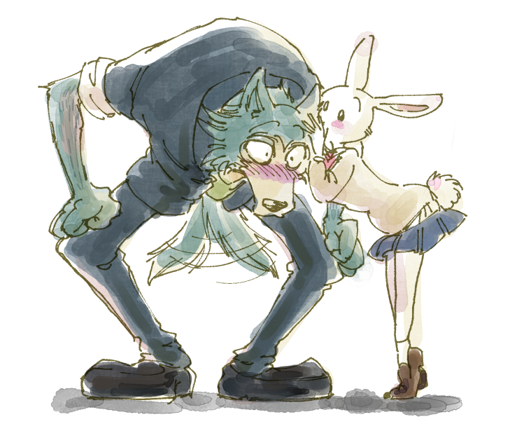 1boy, 1girl, beastars, bent_over, blue_skirt, blush, blush_stickers, hand_on_own_knee