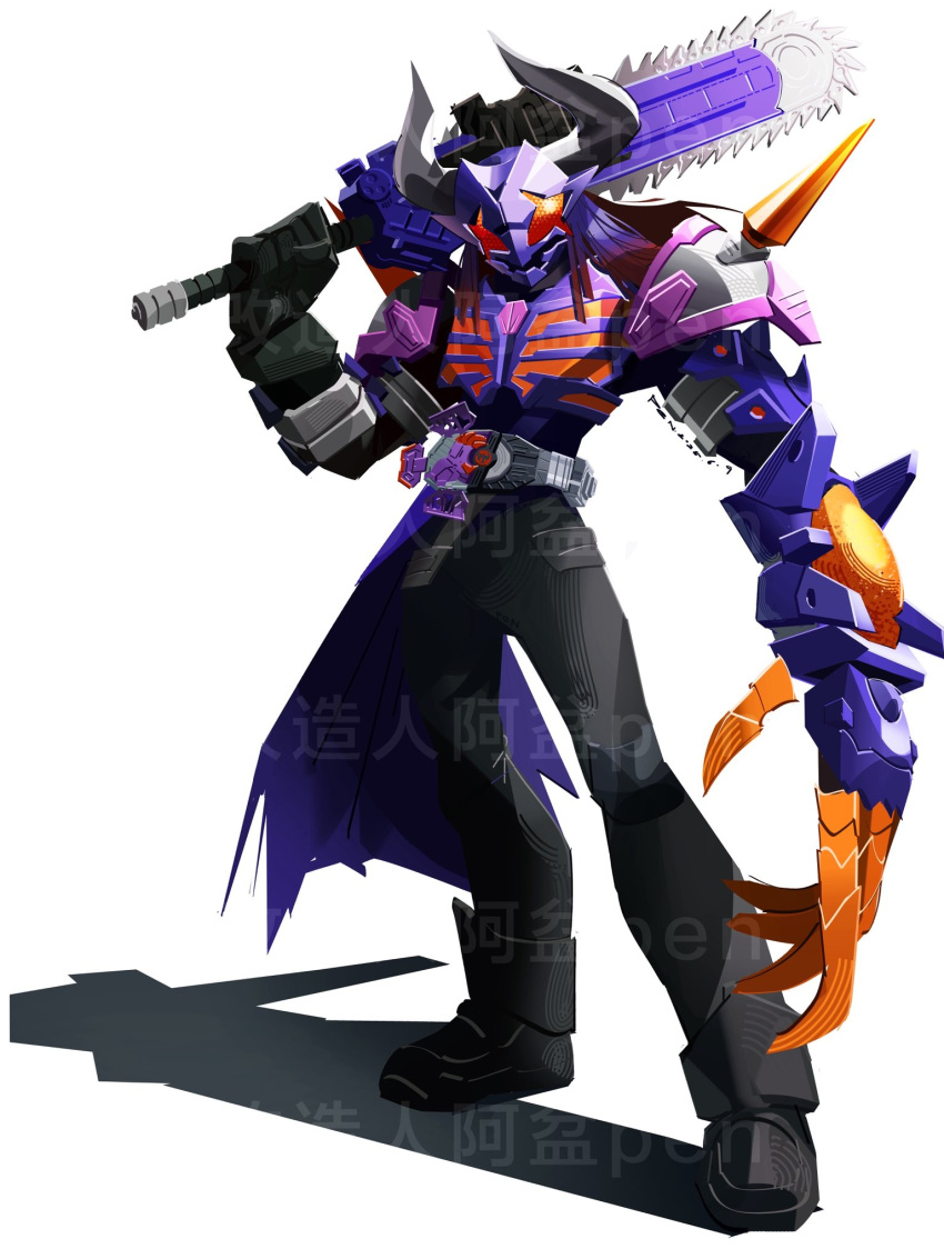 1boy, armor, chainsaw, desire_driver, full_body, gauntlets, helmet, highres