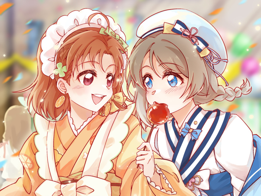 ahoge, alphive, blue_eyes, blurry, blurry_background, blush, bow, braid