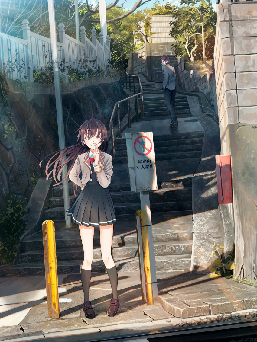 1boy, 1girl, absurdres, banishment, black_eyes, black_hair, black_shirt, black_skirt, black_vest, bow, bowtie, brown_shoes, building, buttons, commentary_request, cropped_jacket, fence, finger_to_mouth, fire_hydrant, grey_jacket, grin, guest_art, hand_in_pocket, handrail, highres, jacket, kamakura_(city), kneehighs, kuze_masachika, lapels, loafers, long_hair, long_sleeves, looking_at_viewer, looking_back, no_entry_sign, notched_lapels, outdoors, pants, pleated_skirt, pole, railing, red_bow, red_bowtie, road_sign, scenery, school_uniform, second-party_source, seiren_academy_school_uniform, shirt, shoes, short_hair, siblings, sign, skirt, smile, socks, stairs, standing, suou_yuki, tokidoki_bosotto_roshia-go_de_dereru_tonari_no_alya-san, tree, vest, white_shirt, wind