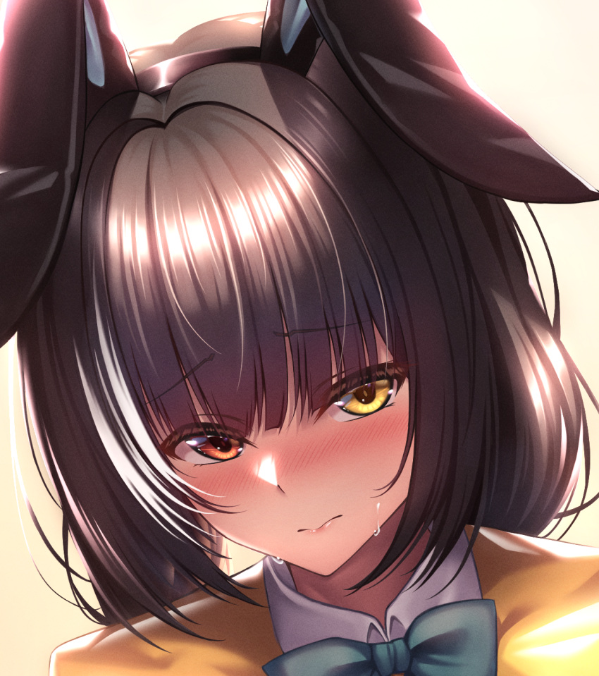 1girl, animal_ears, blue_bow, blue_bowtie, blush, bow, bowtie, brown_hair