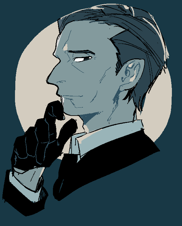 100387l, 1boy, blue_theme, closed_mouth, collared_shirt, cropped_shoulders, gloves, hand_on_own_chin