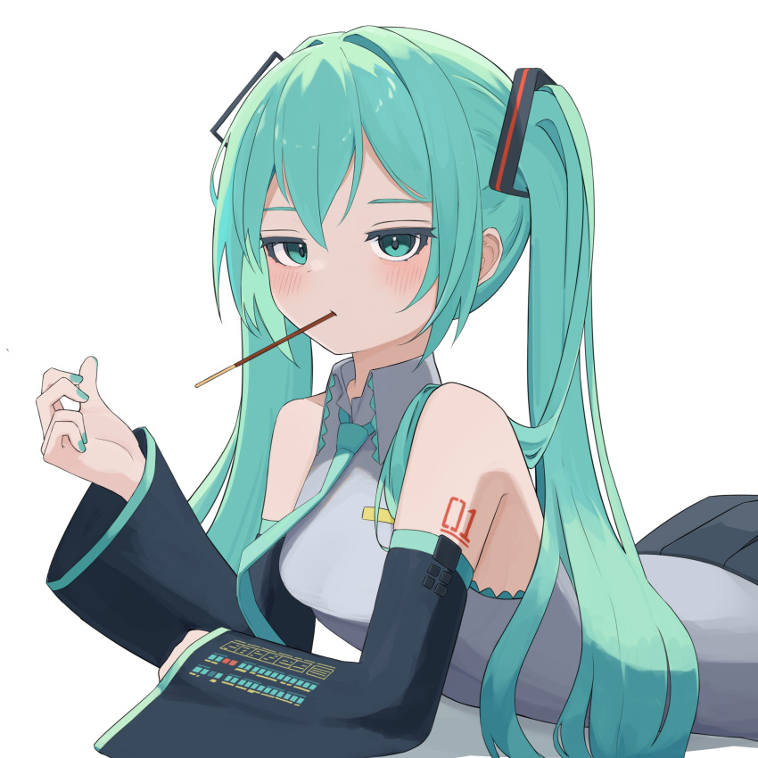 1girl, absurdres, aqua_eyes, aqua_hair, aqua_nails, aqua_necktie, bare_shoulders, black_skirt