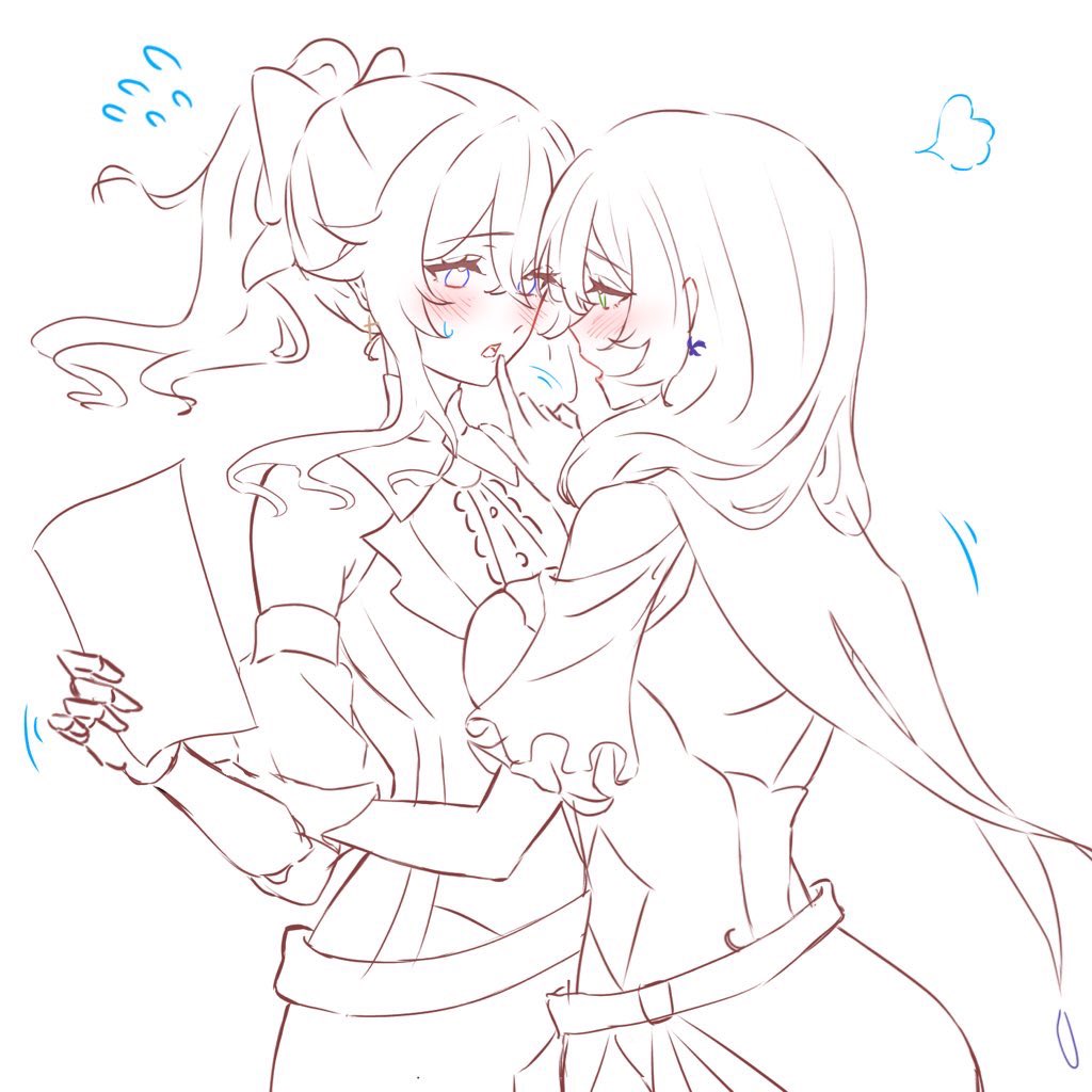 2girls, blush, bow, cape, commentary_request, earrings, finger_to_another's_mouth, genshin_impact