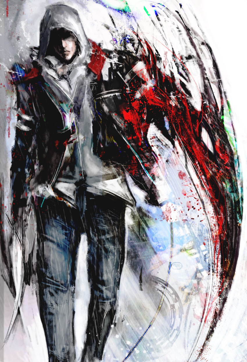 1boy, alex_mercer, arm_blade, black_jacket, blade_arm, denim, face_in_shadow, facing_viewer