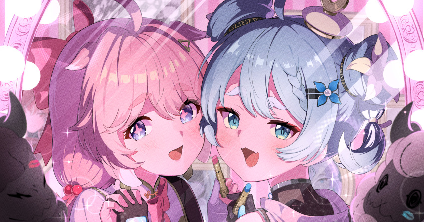 2girls, :3, :d, absurdres, ahoge, blue_eyes, blue_hair, commentary_request