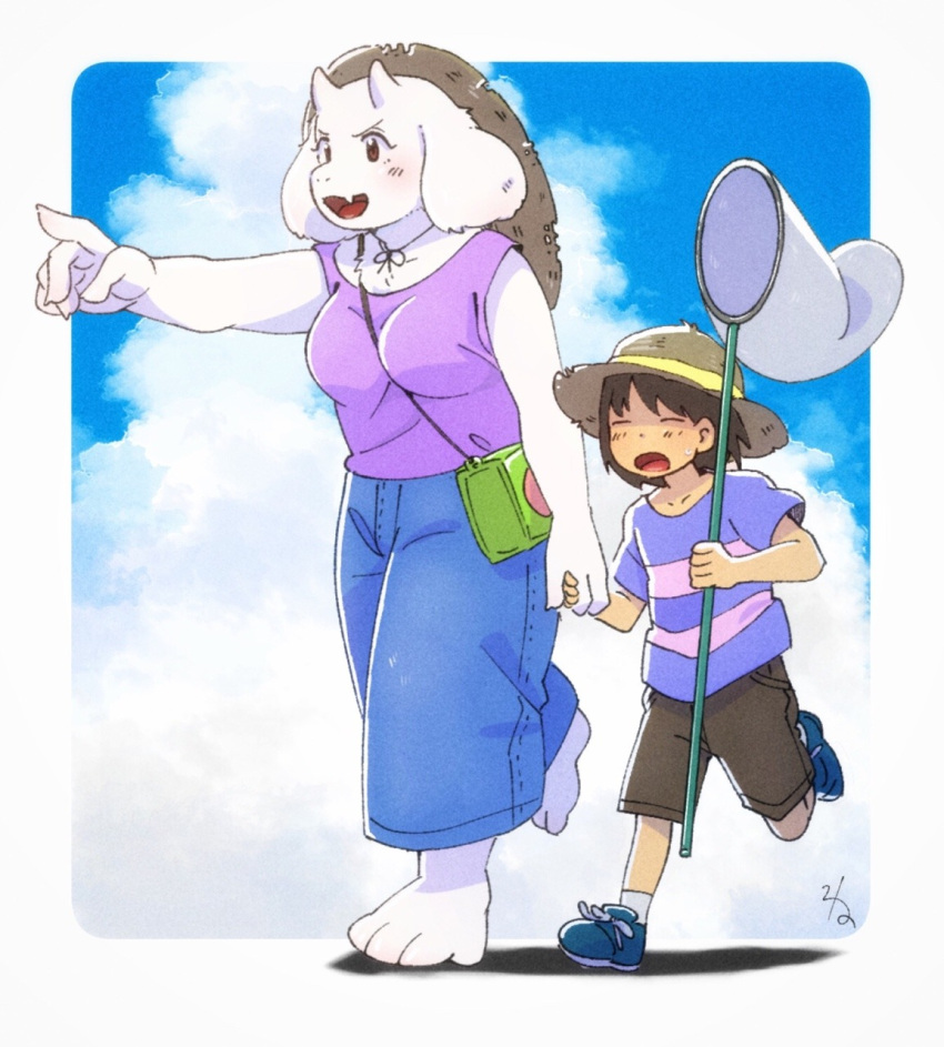 1girl, 1other, 2019, 2d, alternate_costume, ambiguous_gender, animal_ears, anthro, bag, barefoot, blue_shirt, breasts, brown_hair, butterfly_net, digital_media, droopy_ears, duo, fangs, female, floppy_ears, frisk_(undertale), furry, furry_female, goat, goat_ears, goat_girl, goat_horns, hat, holding, holding_butterfly_net, holding_hands, horns, human, jeans, mammal, monster, monster_girl, neruco, pink_stripes, pointing, pointing_forward, running, short_hair, shoulder_bag, skin_fang, striped_clothes, striped_shirt, sun_hat, third-party_source, toriel, undertale, utdr_(toby_fox), white_fur, white_horns