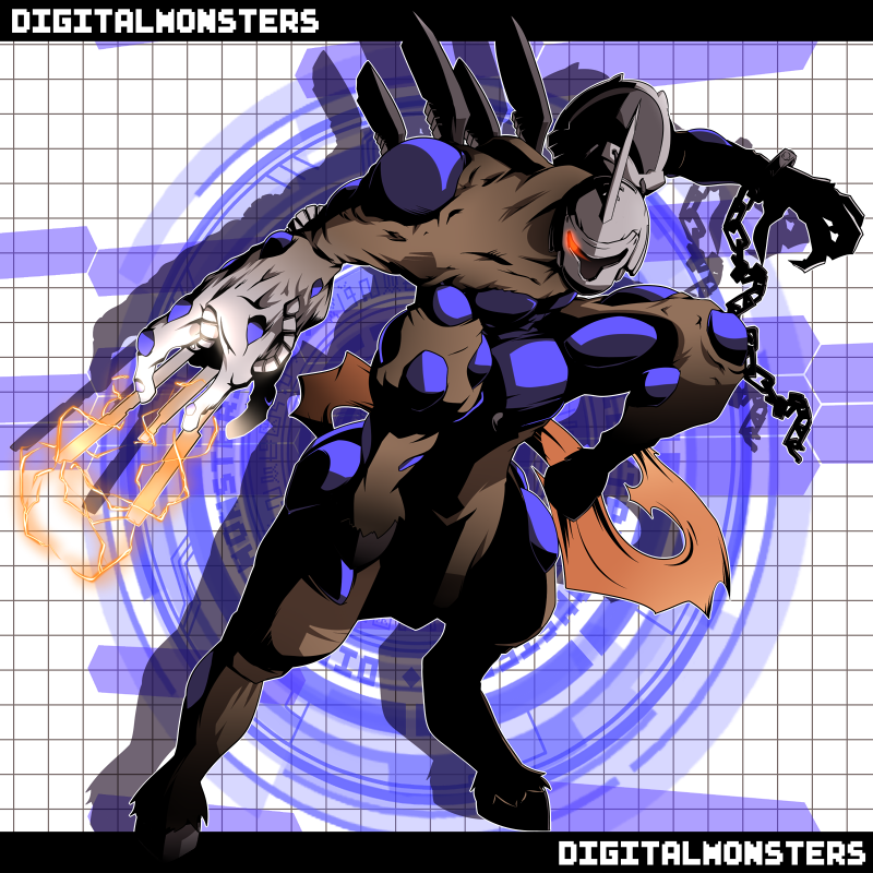 centaur, chain, chains, digimon, digimon_adventure, electricity, energy, glowing, glowing_eye, helmet, letterboxed, nijiirosekai, no_humans, red_eyes, satsuki_mei_(sakuramochi), shoulder_pads, solo, tail