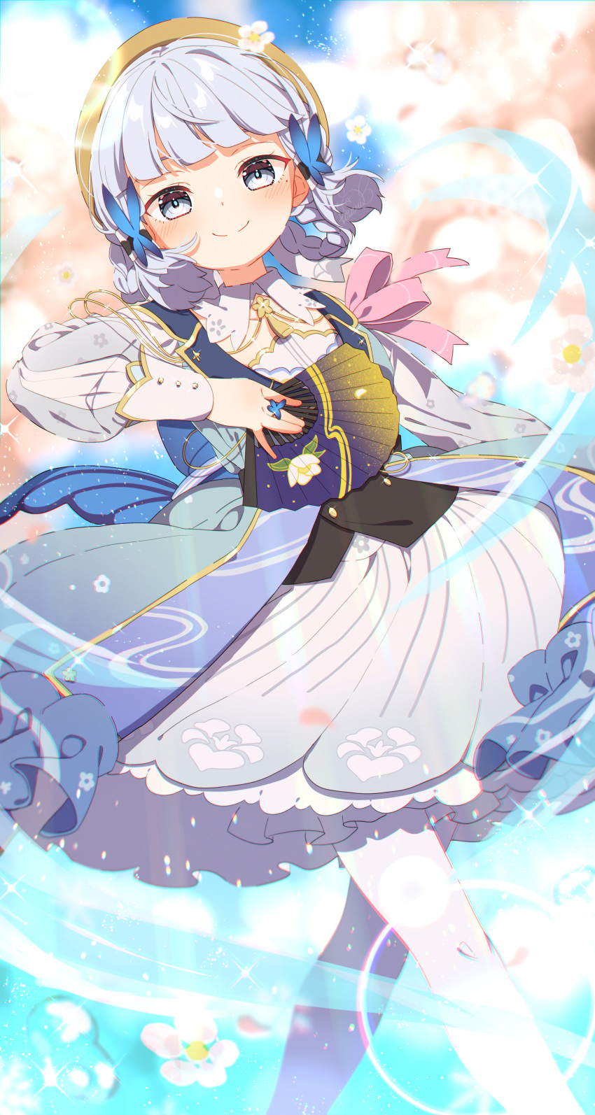 1girl, absurdres, aqua_dress, aqua_hair, blunt_bangs, blunt_sidelocks, blush, braid, butterfly_hair_ornament, butterfly_ring, cherry_blossoms, closed_mouth, dress, flower, genshin_impact, green_eyes, hair_flower, hair_ornament, hand_fan, highres, holding, holding_fan, kamisato_ayaka, kamisato_ayaka_(springbloom_missive), kotori_inaka, long_sleeves, official_alternate_costume, official_alternate_hairstyle, pantyhose, sidelocks, smile, solo, white_flower, white_pantyhose