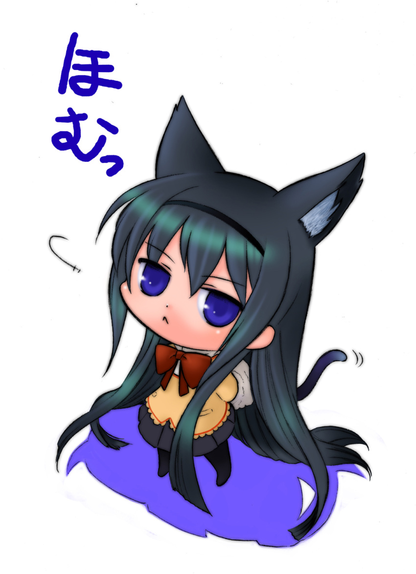 :<, akemi_homura, animal_ears, black_hair, cat_ears, cat_tail, chibi, flat_gaze