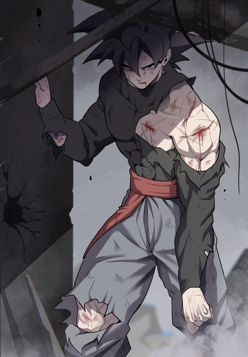 1boy, battle_damage, black_hair, black_shirt, blood_on_shoulder, cowboy_shot, dragon_ball, dragon_ball_super