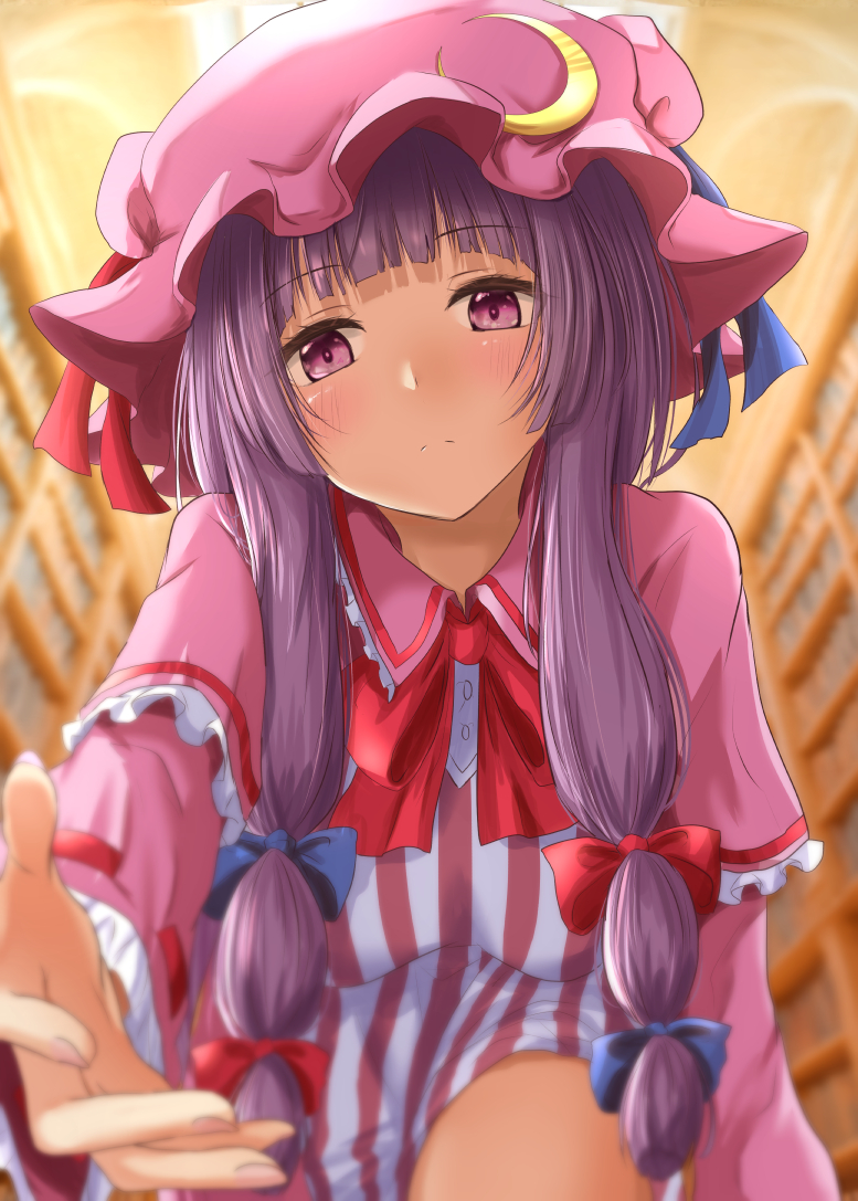 1girl, blue_bow, blue_ribbon, blurry, blush, bookshelf, bow, breasts