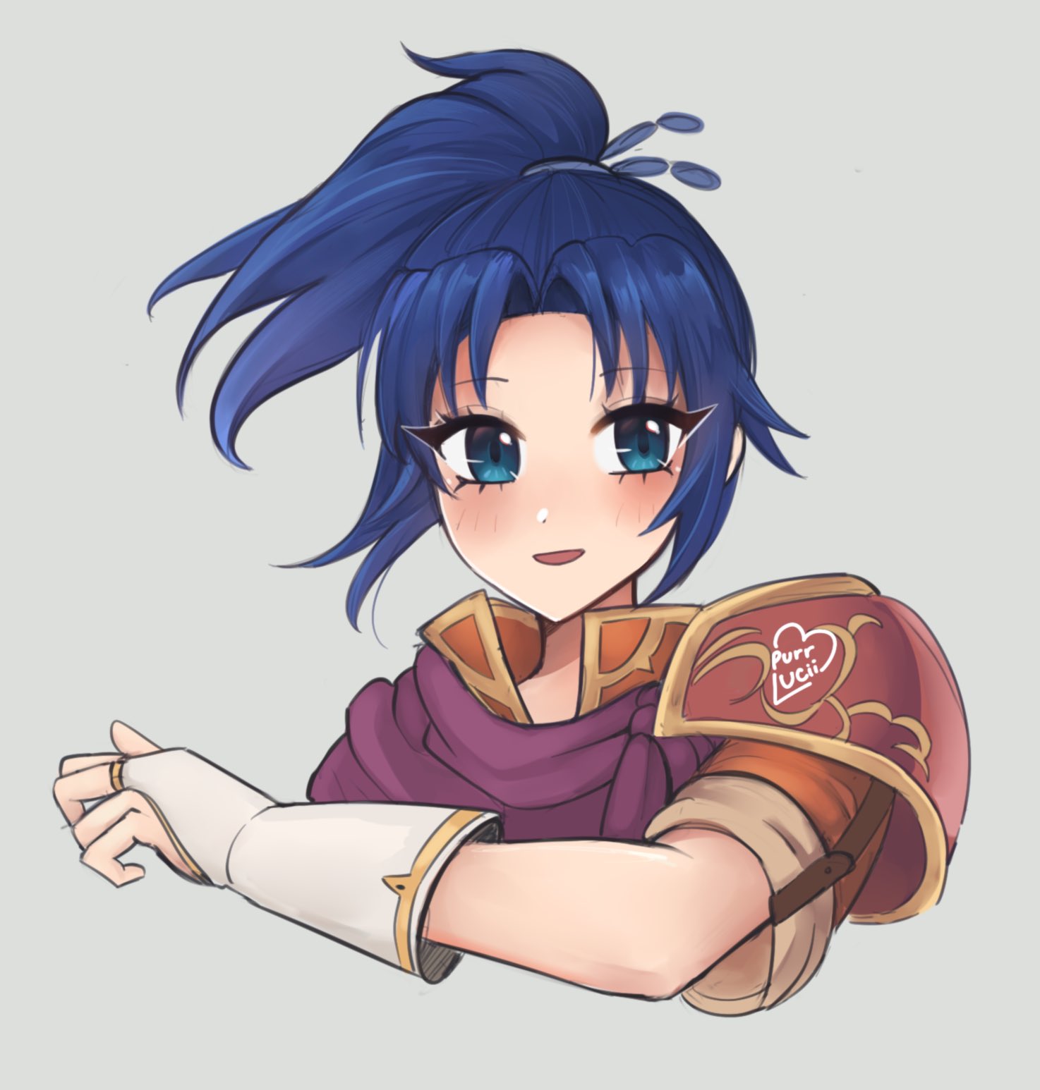 1girl, armor, artist_name, bandana, bandana_around_neck, blue_eyes, blue_hair, blush, eyebrows_hidden_by_hair, female_kris_(fire_emblem), fingerless_gloves, fire_emblem, fire_emblem:_new_mystery_of_the_emblem, gloves, grey_background, hair_elastic, high_ponytail, highres, long_hair, looking_at_viewer, luci_(purrlucii), open_mouth, parted_bangs, ponytail, shoulder_armor, signature, smile, solo, swept_bangs