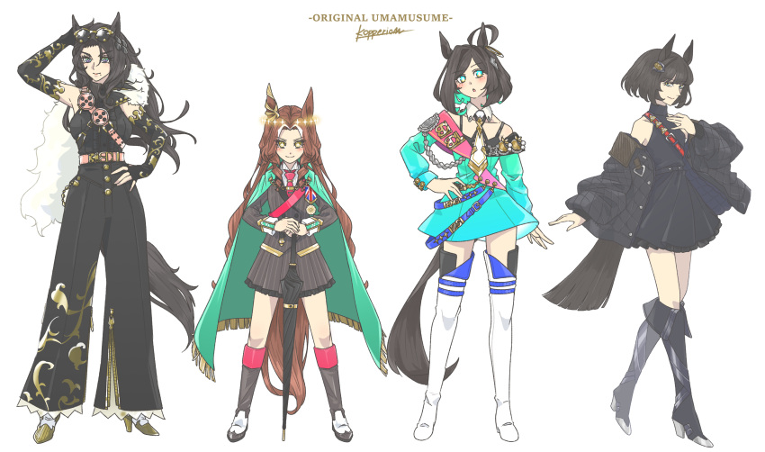 4girls, absurdres, bare_shoulders, belt, black_boots, black_caviar_(racehorse), black_dress, black_hair, black_jacket, black_pants, black_shirt, black_umbrella, boots, brown_hair, cape, collared_shirt, commission, detached_collar, detached_sleeves, dress, ear_ornament, eyewear_on_head, frankel_(racehorse), full_body, genderswap, genderswap_(mtf), green_cape, green_dress, green_eyes, grey_boots, grey_jacket, grey_skirt, hair_ornament, highres, jacket, kopperion, long_hair, looking_at_viewer, multicolored_hair, multiple_girls, necktie, off-shoulder_dress, off_shoulder, original, pants, personification, pink_belt, pink_necktie, shirt, short_hair, signature, simple_background, skeb_commission, skirt, sleeveless, sleeveless_dress, streaked_hair, sunglasses, swept_bangs, tachi-e, thigh_boots, umamusume, umbrella, very_long_hair, white_background, white_boots, white_hair, white_necktie, white_shirt, yeats_(racehorse), yellow_eyes, zenyatta_(racehorse)
