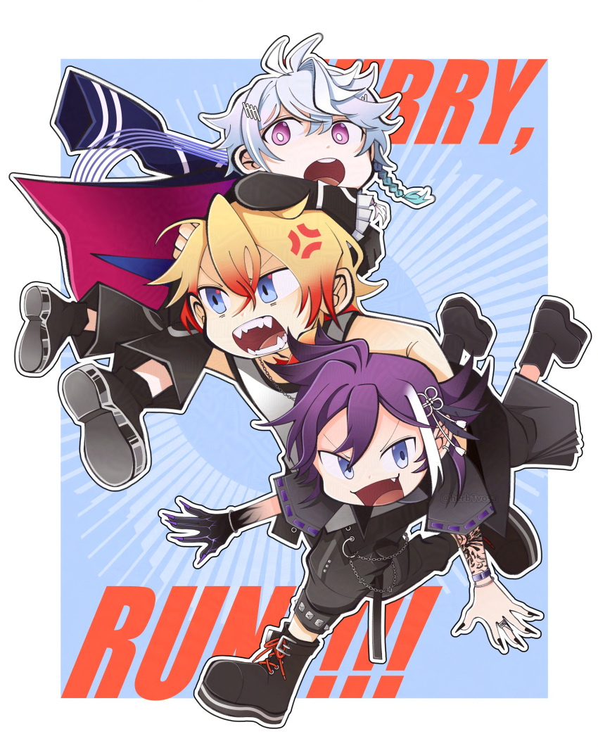 3boys, absurdres, anger_vein, axel_syrios, axel_syrios_(2nd_costume), banzoin_hakka, banzoin_hakka_(2nd_costume), blue_eyes