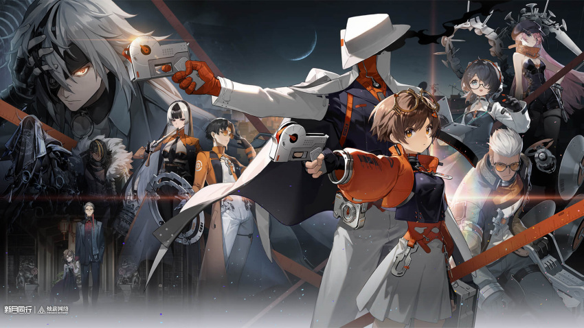1other, 4boys, 5girls, aiming, black_dress, black_gloves, black_hair, black_hat, black_shirt, brown_hair, coat, coat_on_shoulders, crescent_moon, dongming_(xinyue_tongxing), dress, eyewear_on_head, fangkuai_(xinyue_tongxing), finger_on_trigger, fingerless_gloves, glasses, gloves, grey_jacket, group_leader_(xinyue_tongxing), gun, hair_over_one_eye, hat, heitao_(xinyue_tongxing), highres, holding, holding_gun, holding_suitcase, holding_weapon, jacket, long_hair, looking_at_viewer, mingshuang_(xinyue_tongxing), miniskirt, moon, multiple_boys, multiple_girls, newsboy_cap, night, night_sky, open_clothes, open_jacket, orange-tinted_eyewear, orange_eyes, orange_jacket, outstretched_arm, pants, pink_hair, pleated_skirt, qianqiu_(xinyue_tongxing), round_eyewear, shirt, short_hair, skirt, sky, suitcase, tinted_eyewear, weapon, white_coat, white_hair, white_hat, white_pants, white_skirt, white_sleeves, xingliang_(xinyue_tongxing), xinyue_tongxing, yinguang_(xinyue_tongxing), zhongyuan_(xinyue_tongxing)