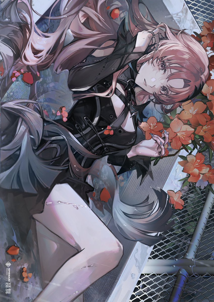 1girl, bema_(sinsekai), black_dress, breast_strap, chain-link_fence, character_name, commentary_request, copyright_name