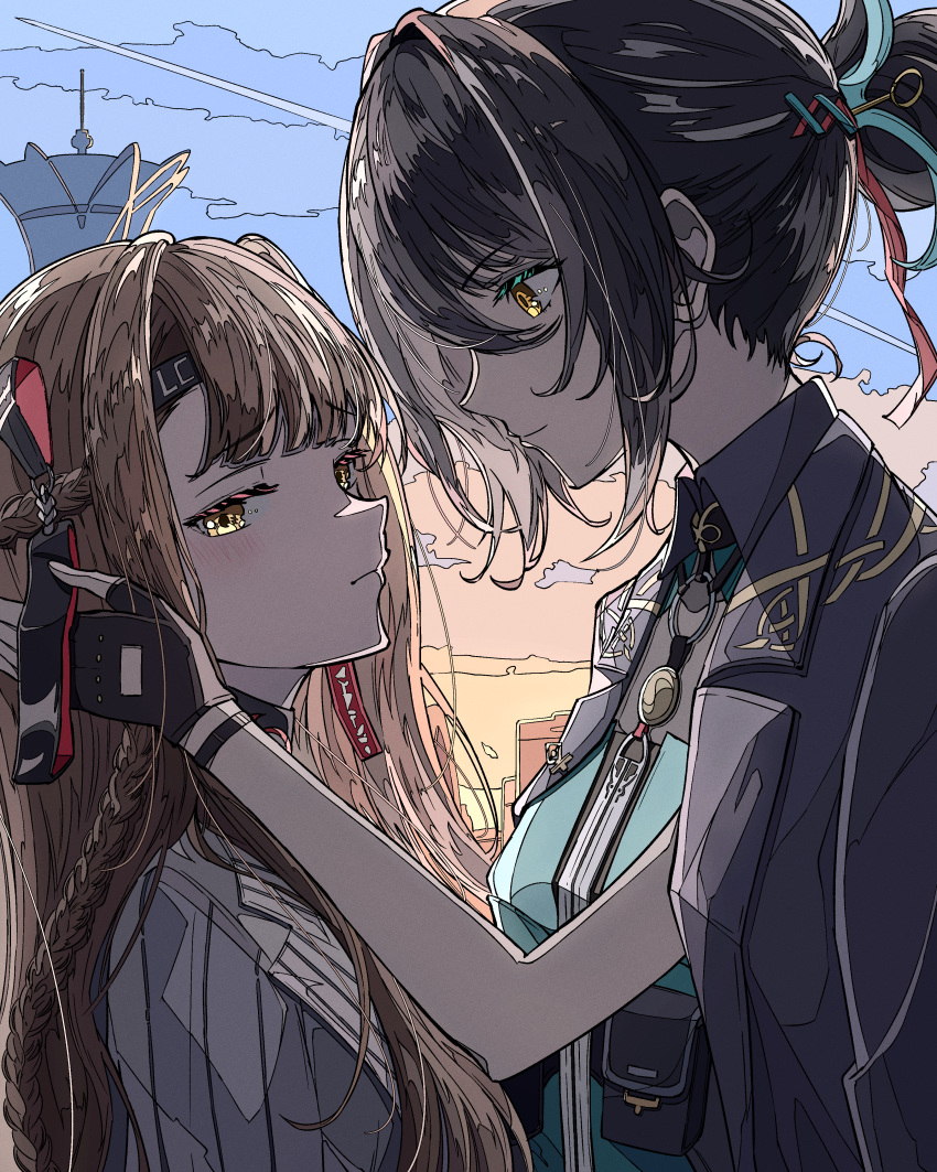 2girls, absurdres, black_coat, black_gloves, black_hair, blue_sky, brown_hair, closed_mouth