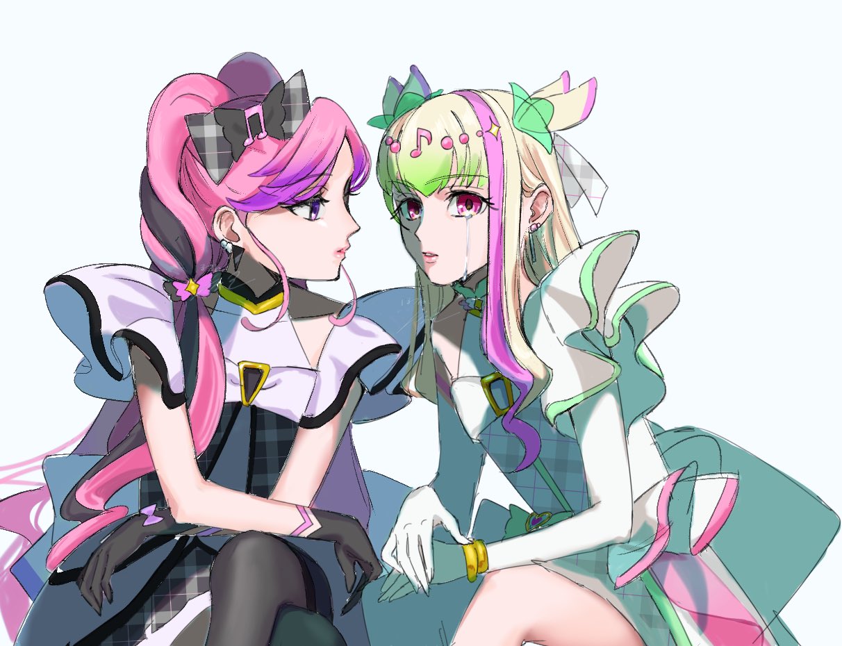 2girls, bare_shoulders, black_gloves, black_hair, blonde_hair, blunt_bangs, blush, bracelet, braid, choker, crossed_legs, crying, cure_kiss, cure_zukyuun, curly_sidelocks, dress, earrings, elbow_gloves, facing_to_the_side, finger_gun, frilled_dress, frilled_sleeves, frills, gingham_dress, gloves, gradient_hair, green_eyes, hair_extensions, hair_ornament, hair_ribbon, hair_wings, heart-shaped_lock, heart_ribbon, htr_it, jewelry, kimi_to_idol_precure, long_hair, looking_at_another, looking_to_the_side, multicolored_hair, multiple_earrings, multiple_girls, musical_note, musical_note_hair_ornament, open_mouth, pearl_earrings, pink_hair, precure, red_eyes, ribbon, ribbon_choker, sideways_glance, single_bare_shoulder, single_elbow_glove, sitting, sitting_sideways, teardrop, tearing_up, twin_braids, twintails, very_long_hair, violet_eyes, wing_hair_ornament