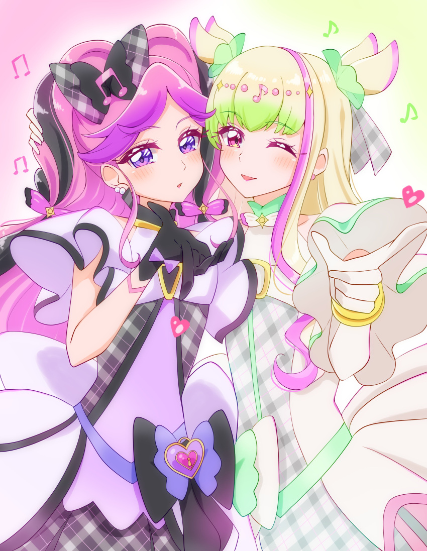 2girls, absurdres, black_gloves, black_hair, blonde_hair, blunt_bangs, blush, bracelet