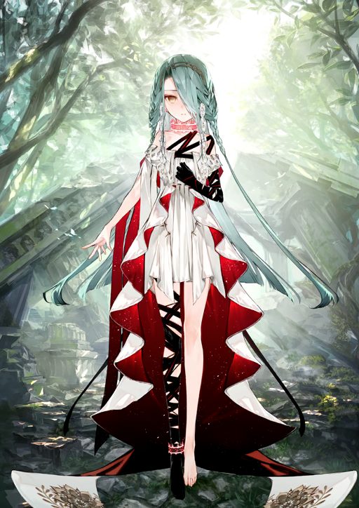 1girl, anklet, aqua_hair, arm_at_side, asymmetrical_legwear, asymmetrical_sleeves, bandaged_arm, bandaged_leg