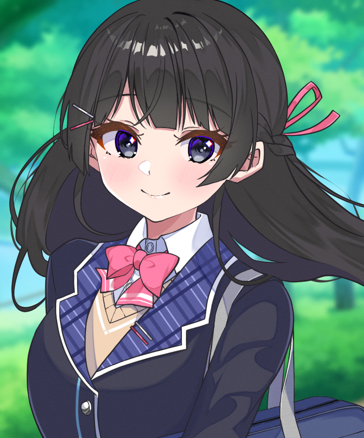1girl, bag, black_hair, black_jacket, blue_bag, blue_eyes, blunt_bangs, blurry, blurry_background, bow, bowtie, braid, brown_cardigan, cardigan, closed_mouth, collared_shirt, day, floating_hair, hair_ornament, hair_ribbon, hairclip, jacket, light_blush, long_hair, looking_at_viewer, nijisanji, outdoors, pink_bow, pink_bowtie, pink_ribbon, ribbon, ropuggo, school_bag, shirt, smile, solo, tree, tsukino_mito, tsukino_mito_(1st_costume), upper_body, virtual_youtuber, white_shirt, white_trim