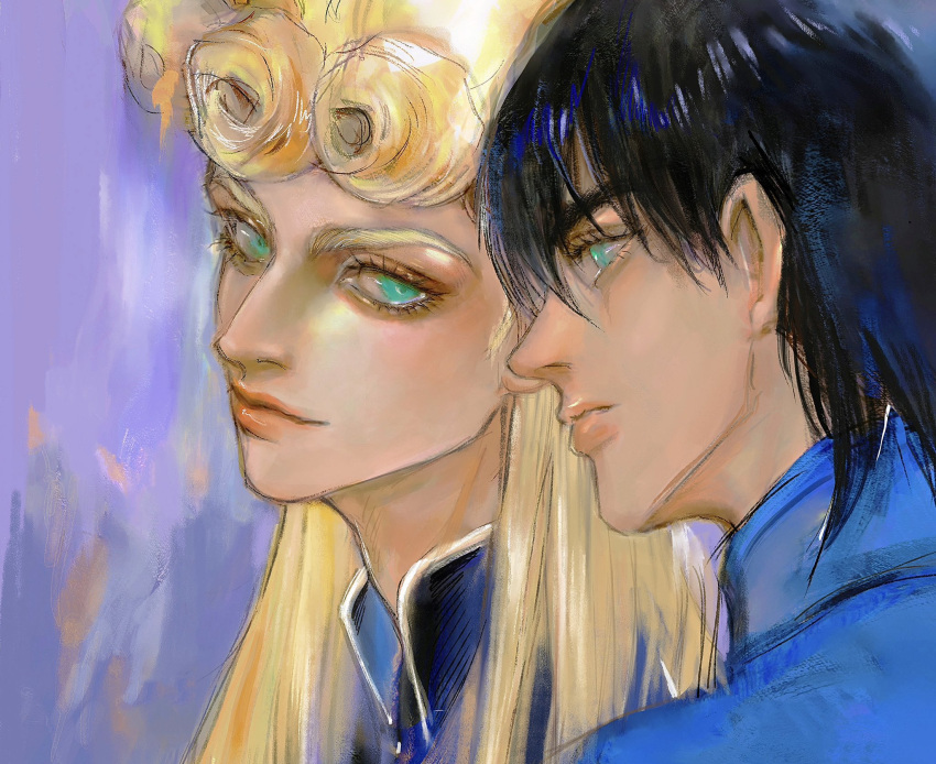 2boys, a_io_u, age_progression, black_hair, blonde_hair, blue_jacket, closed_eyes, curly_hair, giorno_giovanna, green_eyes, hair_between_eyes, haruno_shiobana, highres, jacket, jojo_no_kimyou_na_bouken, long_hair, male_focus, medium_hair, multiple_boys, purple_background, upper_body, vento_aureo