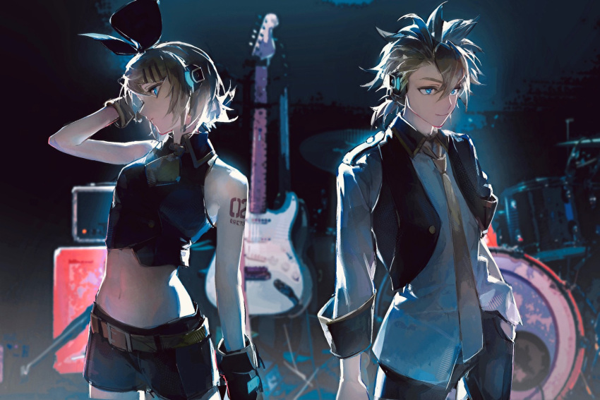 1boy, 1girl, black_pants, black_shorts, black_vest, blonde_hair, blue_eyes, closed_mouth, cowboy_shot, electric_guitar, guitar, headphones, highres, instrument, iuew, kagamine_len, kagamine_len_(blue_moon), kagamine_rin, kagamine_rin_(black_star), midriff, navel, pants, parted_lips, project_diva_(series), shirt, shorts, smile, spiky_hair, vest, vocaloid, white_shirt