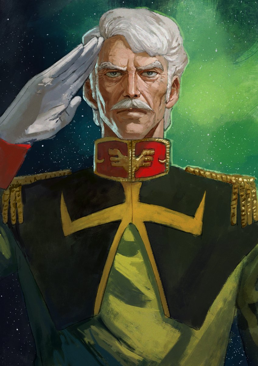 1boy, challia_bull, closed_mouth, commentary, epaulettes, facial_hair, gloves, green_background