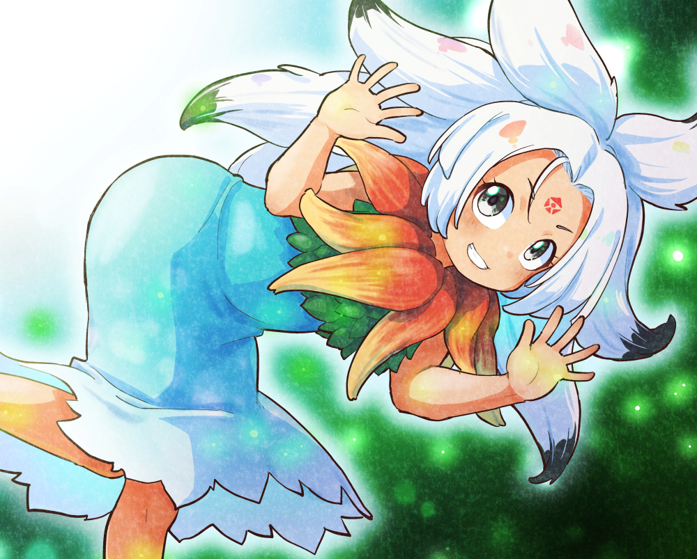 1girl, blue_dress, curtained_hair, dress, facial_mark, feather_necklace, forehead_mark, forehead_tattoo