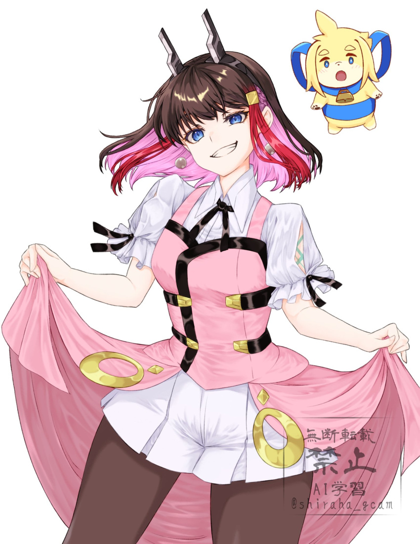 1girl, azure_striker_gunvolt, azure_striker_gunvolt_2, azure_striker_gunvolt_3, black_pantyhose, blue_eyes, brown_hair, clothes_lift