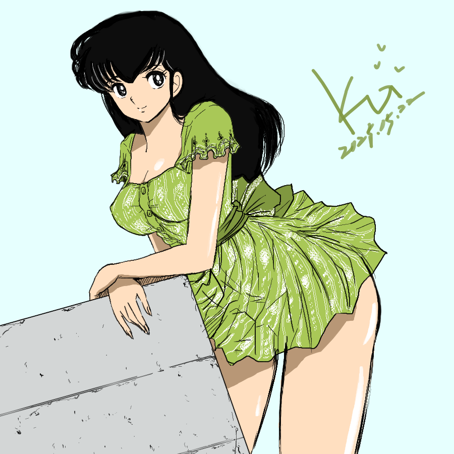black_eyes, black_hair, dress, frilled_dress, frills, green_background, green_dress, hand_on_wall