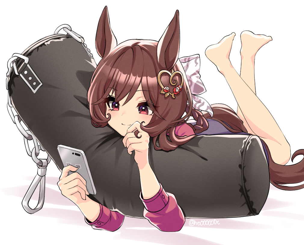 1girl, animal_ears, barefoot, bow, braid, braided_hair_rings, brown_hair, cellphone