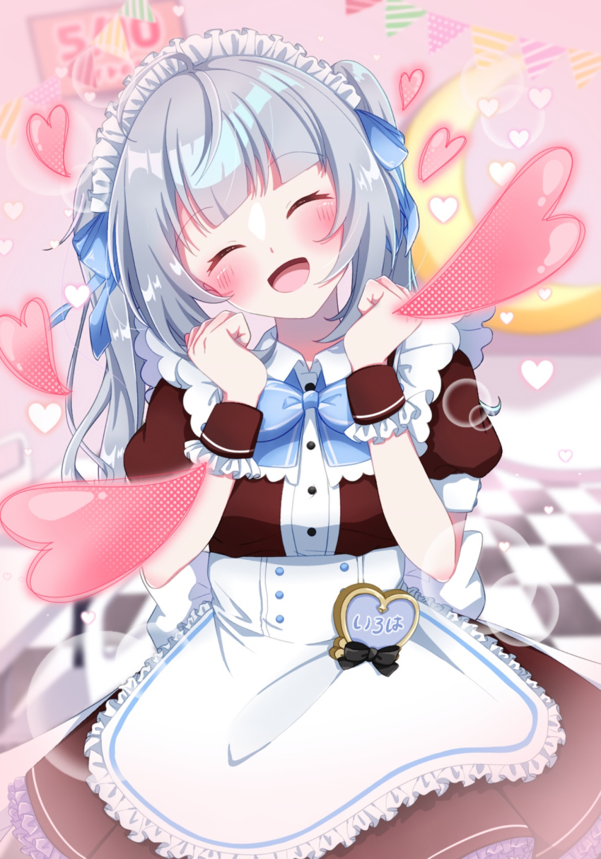 1girl, :d, ^_^, apron, blurry, blurry_background, blush, bow