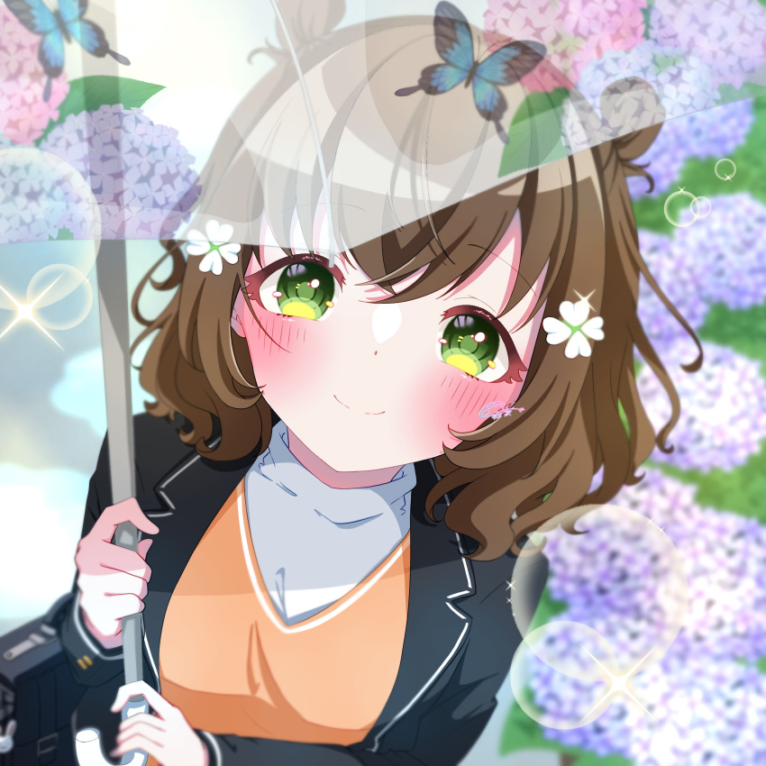 1girl, absurdres, blue_butterfly, blue_flower, blurry, blurry_background, blurry_foreground, blush