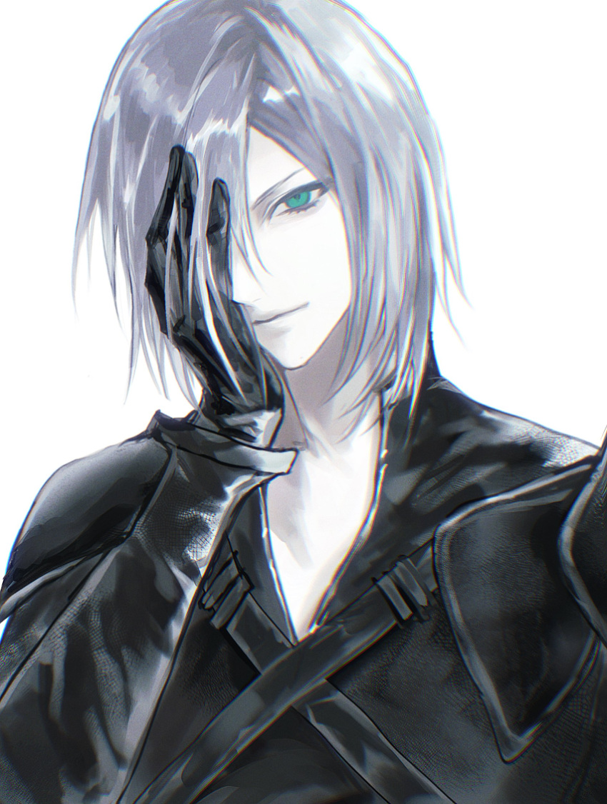 1boy, 3_3lecho, absurdres, aqua_eyes, black_bodysuit, black_gloves, bodysuit, chest_strap